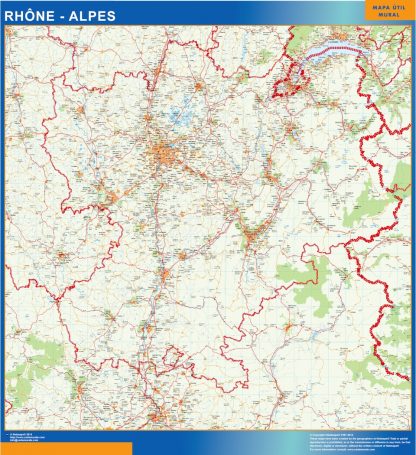 Mapa Rhone Alpes en Francia enmarcado plastificado
